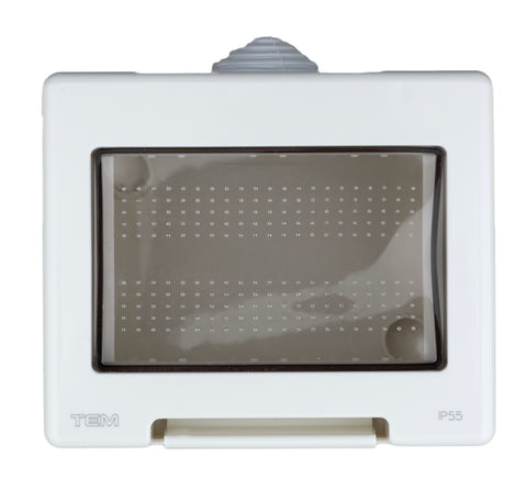 Outdoor surface mount box, IP55, transparent lid, 3M, white