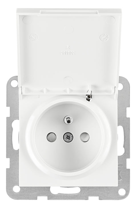 Pin socket outlet with safety shutter, lid, screw, white