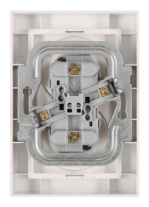 Priză dublă completă cu pin, 2xPE, cleme cu șurub, albă