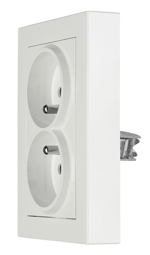 Priză dublă completă cu pin, 2xPE, cleme cu șurub, albă