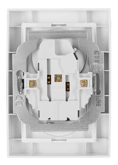 Priză dublă completă cu pin, 2xPE, 1 priza 45°, albă