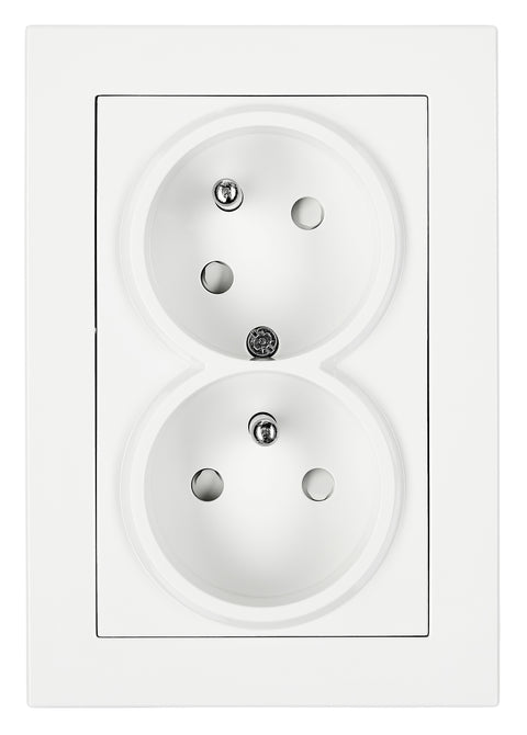 Priză dublă completă cu pin, 2xPE, 1 priza 45°, albă