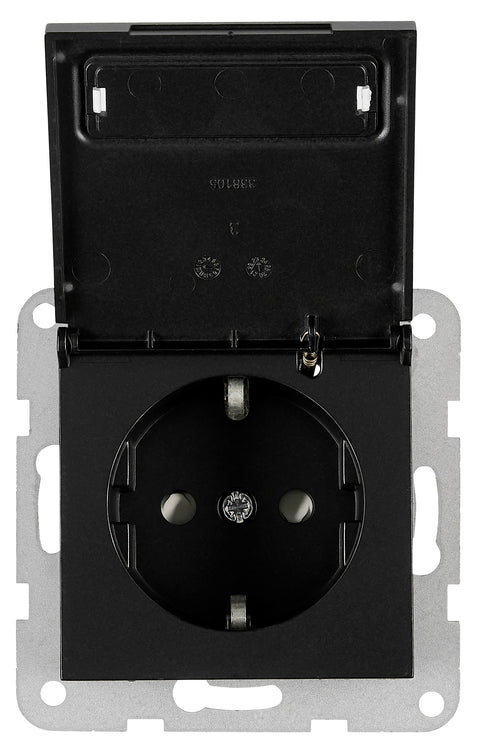 Socket outlet, flap cover, labeling field, cage clam, black