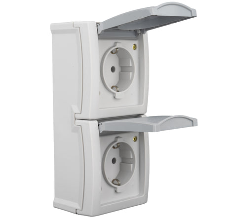 Priză dublă PE+capac, 16A, vertical, PT, cl.elastice, IP54