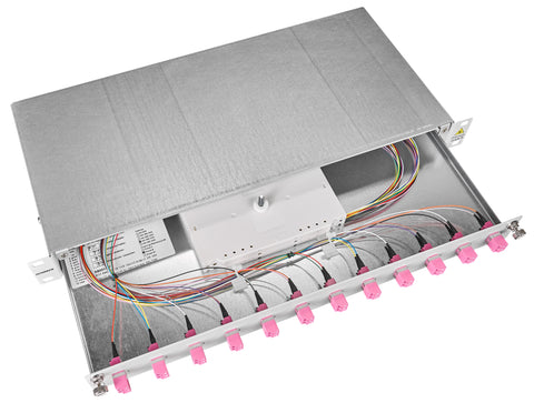 Splicebox, 12 fibre,LC,50/125µm OM4, culisant,19",1UV