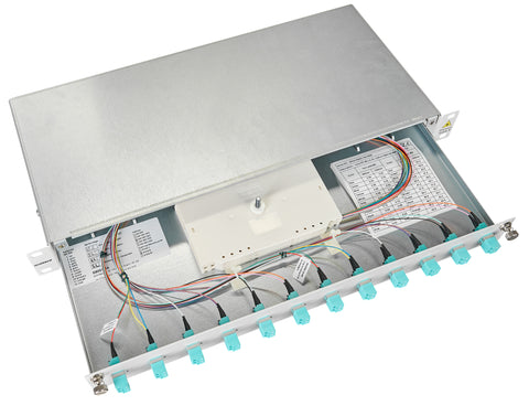 Splicebox, 16 fibre,LC,50/125µm OM3, culisant,19",1UV