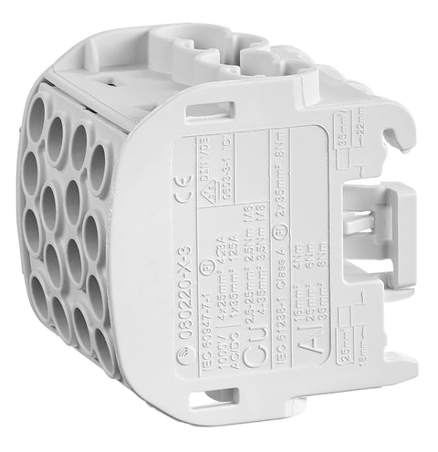 Clemă de derivaţie Cu-Al, 35mmp, 1p. 4in/4out izolată-gri