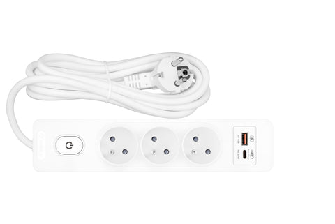 Power strip Pin 3-way, Shut/Switch, USB A+C PD, 5m cable, w