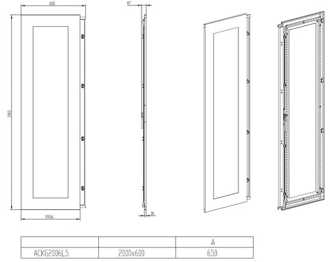 Uşă stânga transparentă pt. dulap cu 2 uşi, Î=2000 L=600 mm