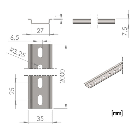 Şină omega din oţel zincat, 2000x35x7,5mm, perforată