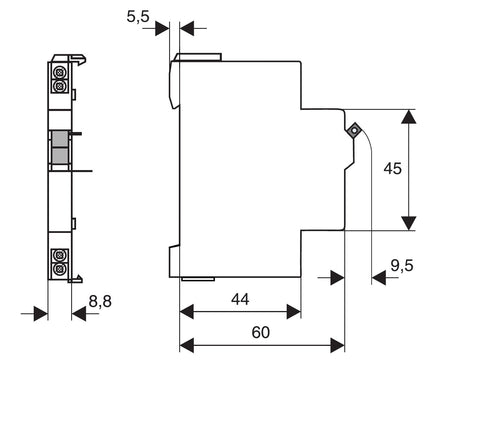 Contact auxiliar 5-250V/4A, 1 ND + 1 NI fix. cu înclichetare