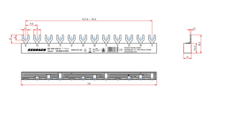 Busbar, 1xRCCB 4-pole, 4xSPD, 1xMCB 3+N, 12MW, 10mm2