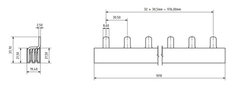Baretă cu lamele de contact, 35 mm², 1m, Pas=30,5mm
