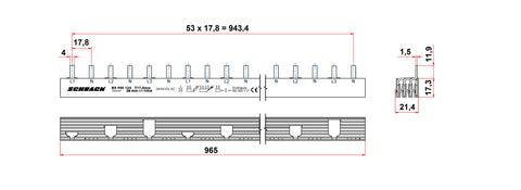 Baretă cu contacte pini, 16 mm², L1,N/L2,N/L3,N, 4poli, 54UH