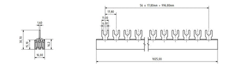 C-Busbar 3-pole, break-out, 16mm², 1m