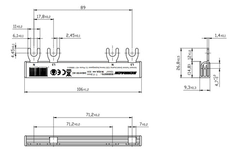Busbar, 2-pole, L3, 1xRCCB 4-pole to 1xRCBO 1+N, 6MW, 10mm²