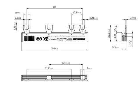 Busbar, 2-pole, L2, 1xRCCB 4-pole to 1xRCBO 1+N, 6MW, 10mm²