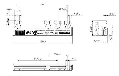 Busbar, 2-pole, L1, 1xRCCB 4-pole to 1xRCBO 1+N, 6MW, 10mm²