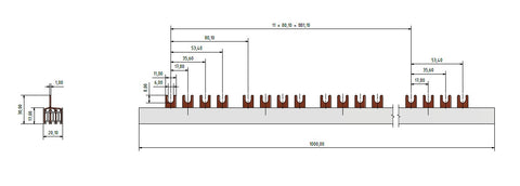 Fork Busbar for Auxiliary c. 4-p.,  L1/L2/L3/N/AUX, 10mm²,1m