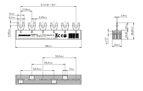 Compact-Busbar, 3-pole L1/L2/L3/L1/L2/L3, 6MW, 10mm²