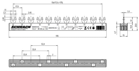 Busbar, 1x RCCB 4-pole, 8x MCB 1-pole, 11 MW, 10 mm²