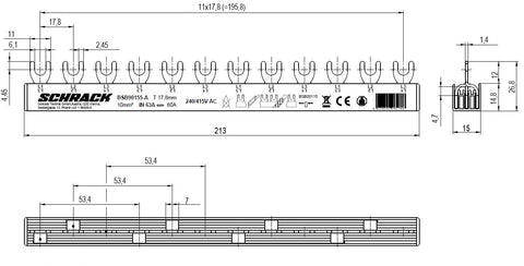 Busbar, 12x MCB 1-pole or 4x MCB 3-pole, 12 MW, 10 mm²