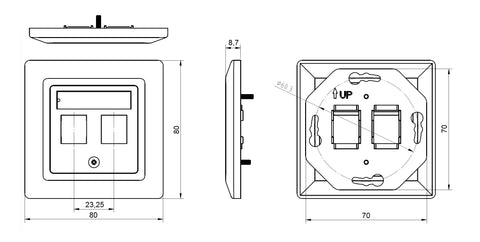 Priză pt. 2 module TOOLLESS LINE, 80x80mm, drept, RAL9010