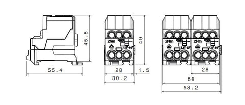 Neutral branch terminal, 1-pole,100A, in.2x25mm²,out.6x10mm²
