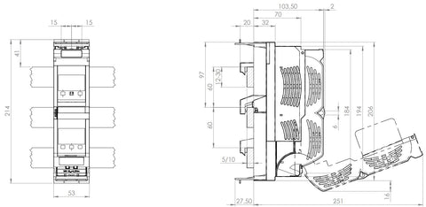 Separator NH Gr.000 până la 125A, sist. 60 mm, ieșire pe jos