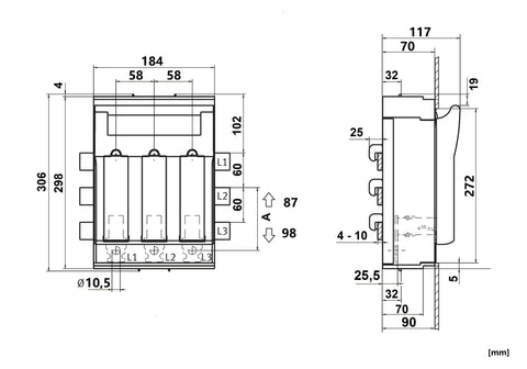 Separator mărime 2, 3-poli, 400A, M10, ieşire sup./inf.