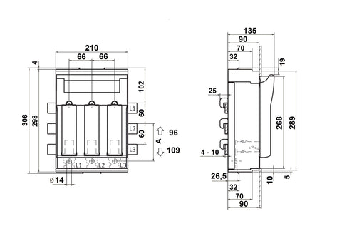 Separator mărime 1, 3-poli, 250A, M10, ieşire sup/inf