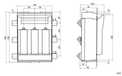Separator NH1, 250A, 3P, pt. sistem 100mm, ieşire sup./inf.