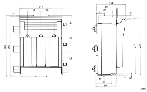 Separator NH2, 400A, 3P, pt. sistem 100mm, ieşire sup./inf.