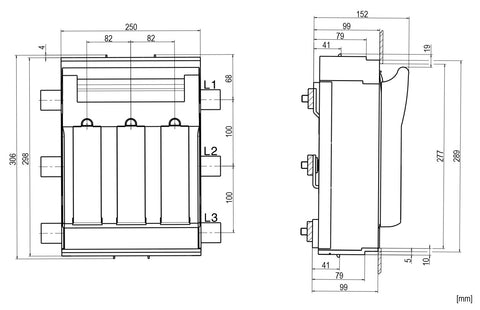 HRC busbar-fuse-switch size 3, 630A, for 100mm-system, M10
