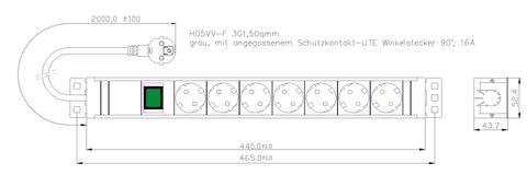 PDU 19", 7xSchuko+On/Off, profil PVC 1,25U, cablu 2m,RAL7035