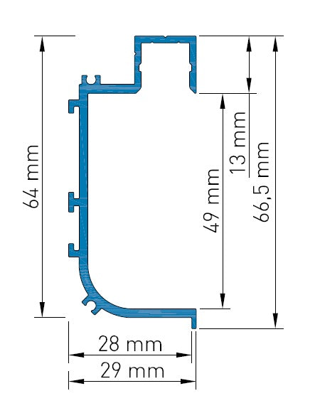 Aluminiumprofile KLL, L-2000mm B-29mm H-66,5mm