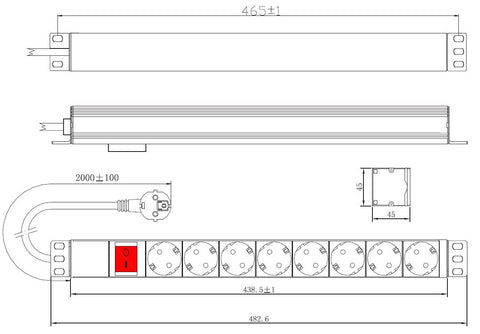 PDU 8x Schuko, 19", Comutator, 1U, cablu 2m, negru, ALU