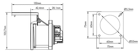 Priză CEE montaj pe panou, 5 poli, 16A 400V IP44, dreaptă