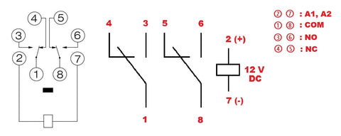 Releu broşabil, 8 pini, 2 CC, 12V c.c., 10A