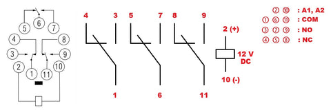 Releu broşabil, 11 pini, 3 CC, 12V c.c., 10A
