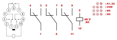 Releu broşabil, 11 pini, 3 CC, 48V c.a., 10A