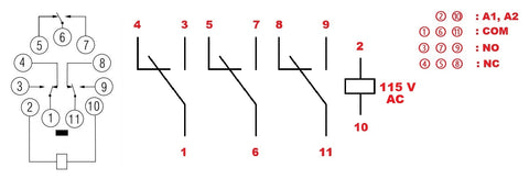 Releu broşabil, 11 pini, 3 CC, 115V c.a., 10A