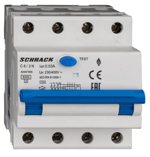 Întreruptor automat+dif. 3+N, AMPARO 6kA, C 6A, 30mA,tip A