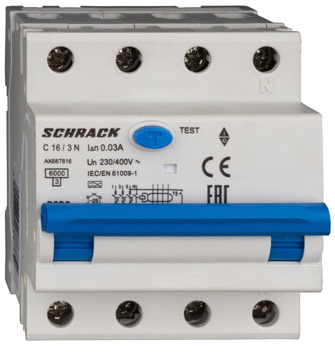 Întreruptor automat+dif. 3+N, AMPARO 6kA, C 16A, 30mA,tip A