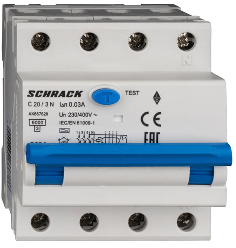 Întreruptor automat+dif. 3+N, AMPARO 6kA, C 20A, 30mA,tip A