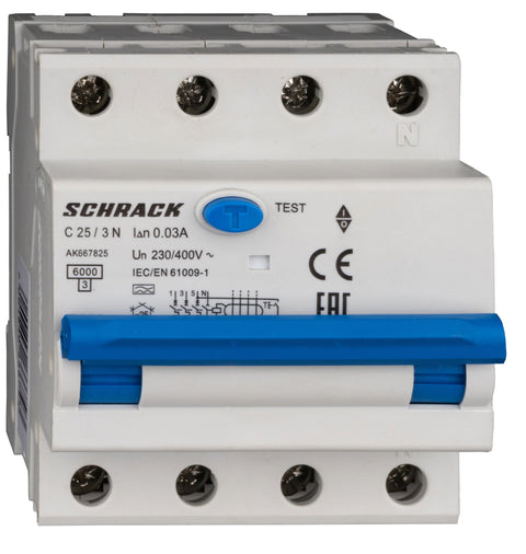 Întreruptor automat+dif. 3+N, AMPARO 6kA, C 25A, 30mA,tip A