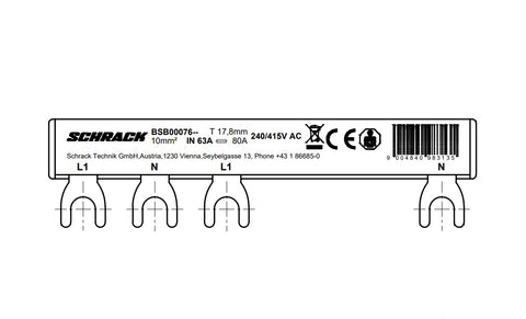 Busbar, 2-pole, L1, 1xRCCB 4-pole to 1xRCBO 1+N, 6MW, 10mm²