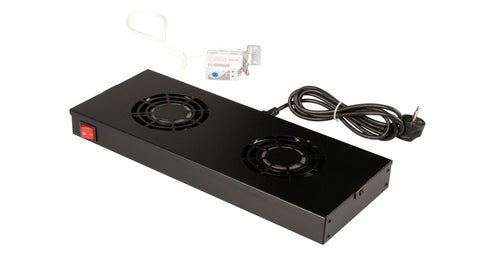 Placă 19" cu 2 ventilatoare, 1U, analogic, negru RAL 9005