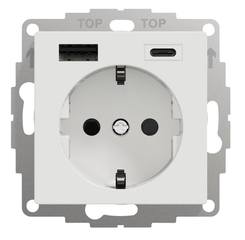 Priză Schuko cu USB Tip A+C, 2,4A, alb-pur