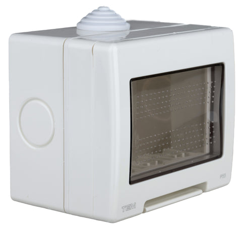 Outdoor surface mount box, IP55, transparent lid, 3M, white